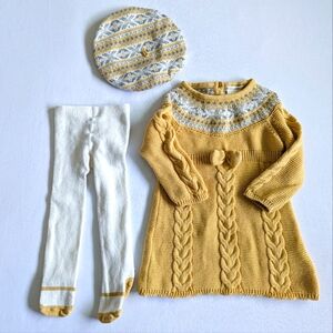 4/$15 Cynthia Rowley 6-9 month girl cable knit matching set tights dress hat